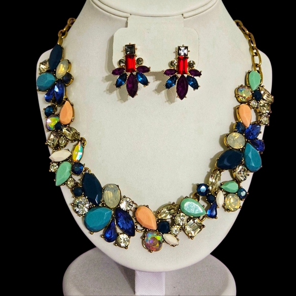 J Crew Multicolor Crystal Rhinestone Statement Necklace Unbranded Earring Set - Picture 3 of 16